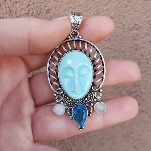 New Carved Goddess Face Blue Topaz &  Rainbow Moonstone 925 Silver Pendant.